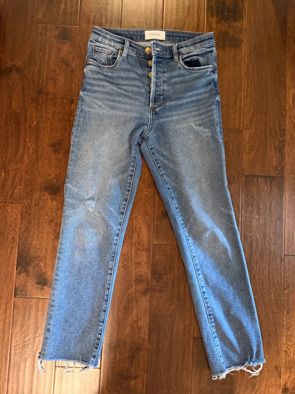 Evereve High-Rise Button-Fly Distressed Denim Jeans - Blue